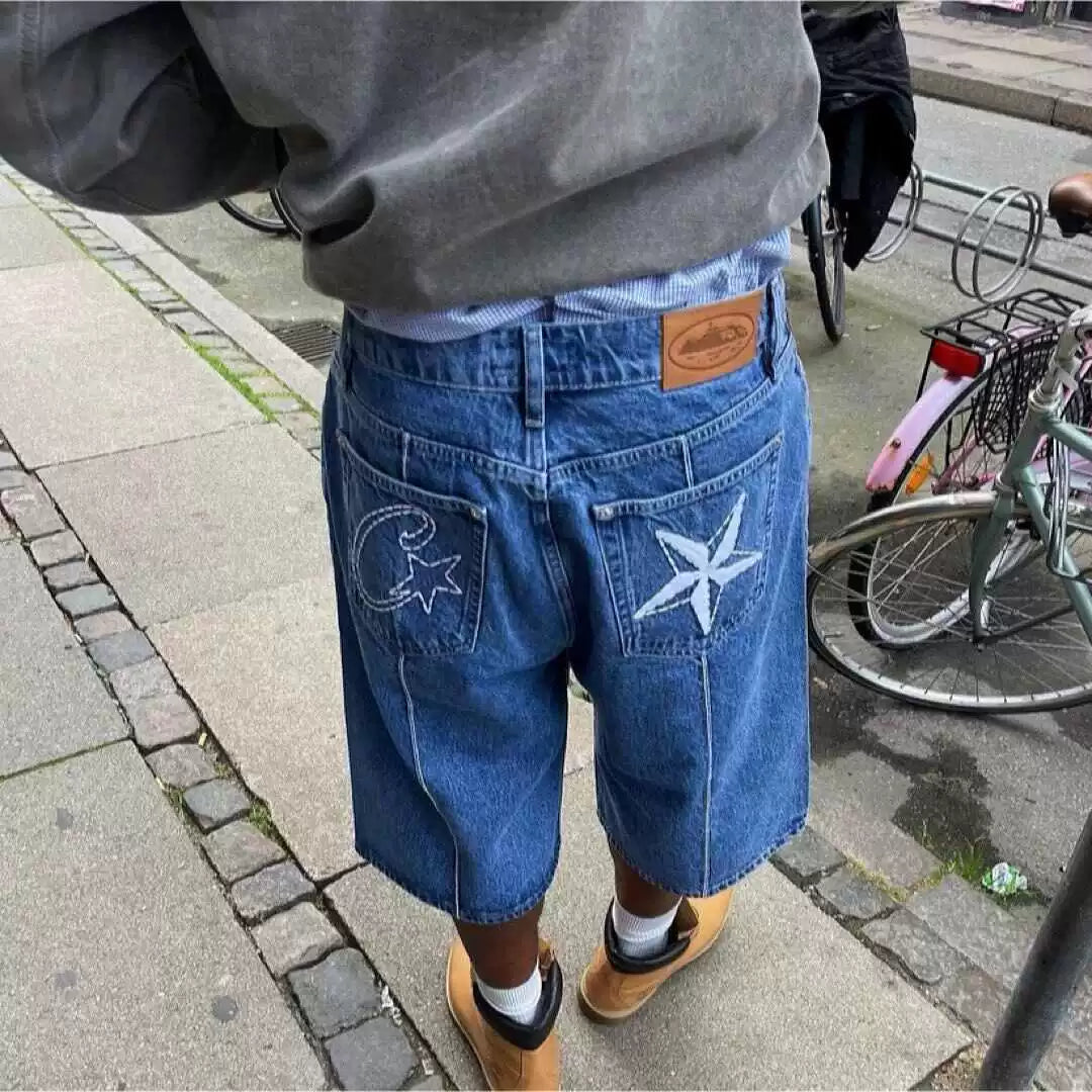 Corteiz Demon Island Embroidery Pentagram denim shorts Men's summer high street loose casual pants pants tide