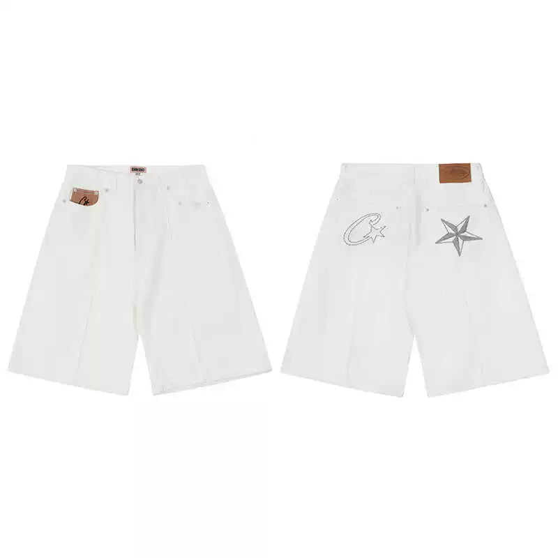 Corteiz Demon Island Embroidery Pentagram denim shorts Men's summer high street loose casual pants pants tide