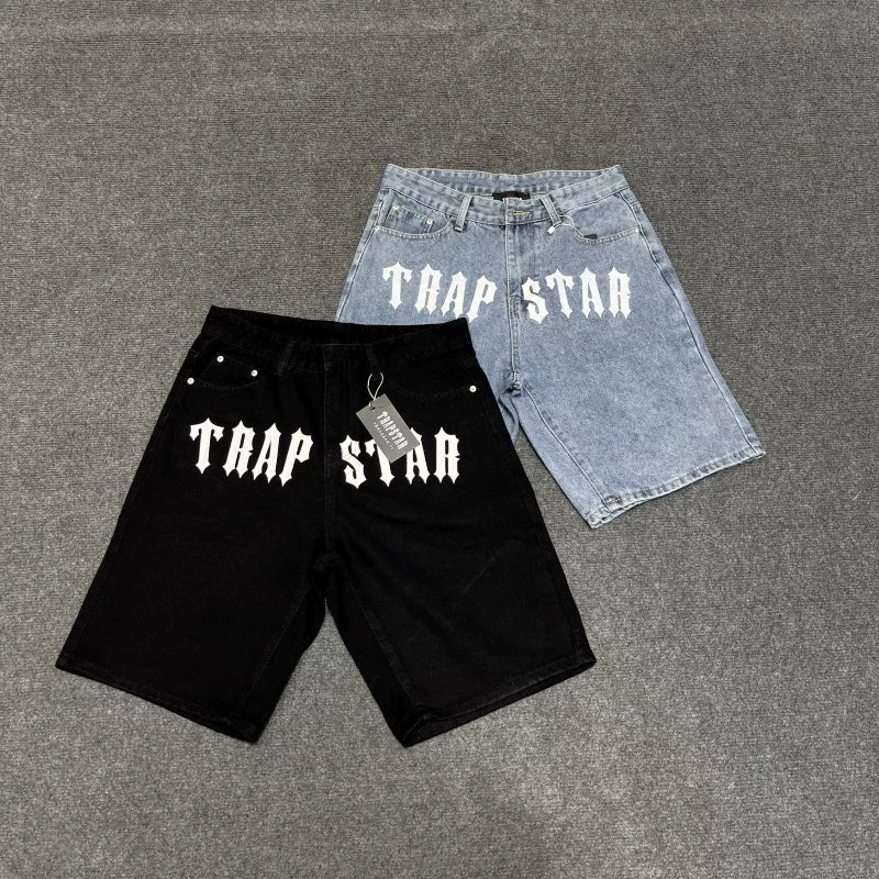 Trapstar美式街头嘻哈经典字母印花牛仔裤高街休闲夏季男女五分裤