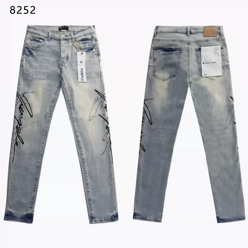 Purple Brand 泼墨涂鸦手工绘制破洞牛仔裤洗水做旧小直筒长裤男
