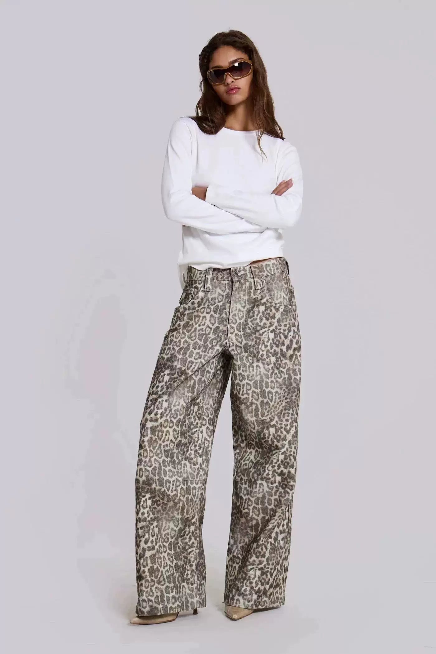 Jaded London 25 new faded leopard print full print loose wide leg low waist jeans