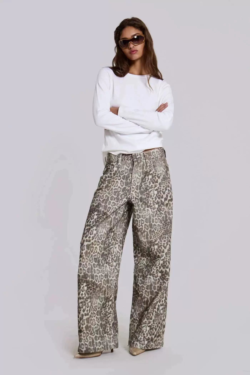 Jaded London 25 new faded leopard print full print loose wide leg low waist jeans