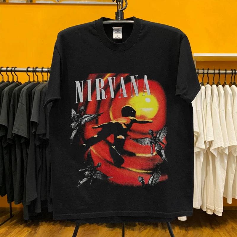 NIRVANA涅槃乐队落日天使复古插画Vintage潮酷痞帅短袖T恤中性风