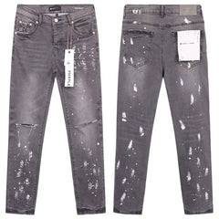 Purple Brand 泼墨涂鸦手工绘制破洞牛仔裤洗水做旧小直筒长裤男