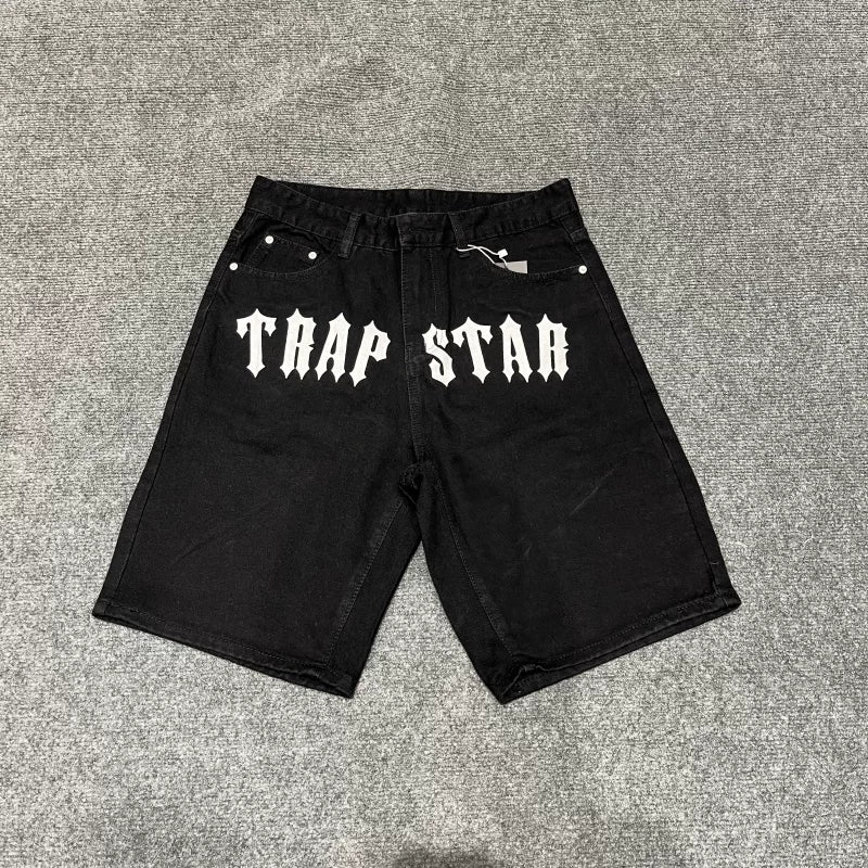 Trapstar美式街头嘻哈经典字母印花牛仔裤高街休闲夏季男女五分裤