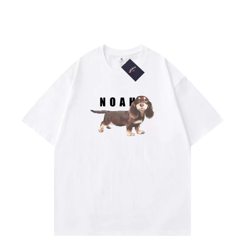 NOAH Summer American Trendy Brand Sausage Dog Printed Short sleeved T-shirt for Men and Women, Cotton Loose Round Neck Couple Half Sleeve (2)