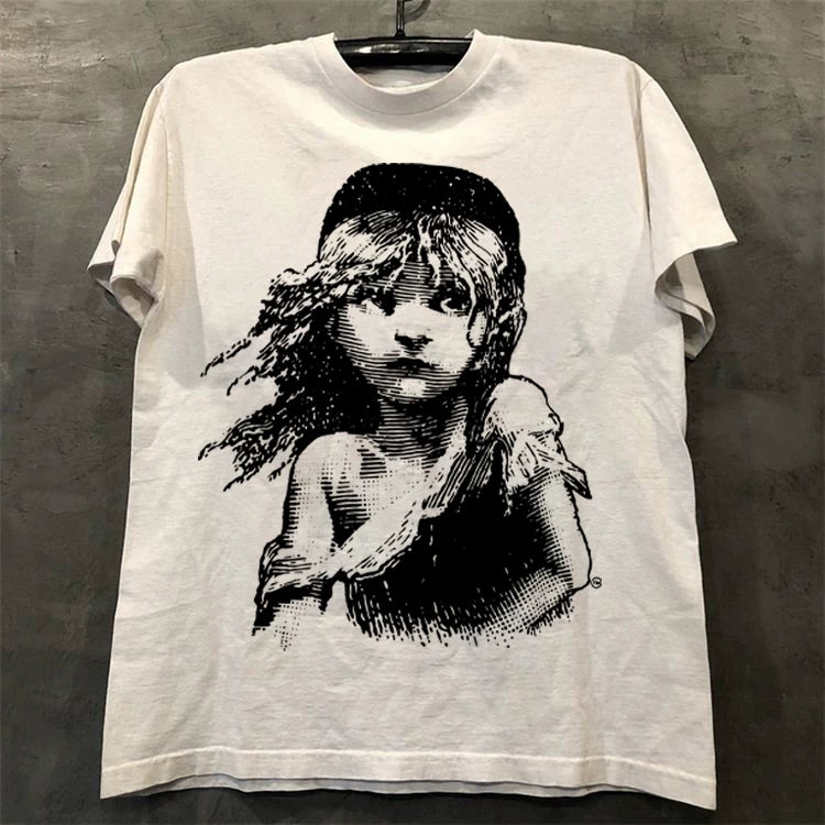Les Miserables, a musical in Les Miserables, is a trendy high street retro T-shirt with shoulder length short sleeves for both men and women