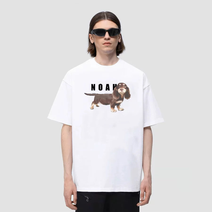 NOAH Summer American Trendy Brand Sausage Dog Printed Short sleeved T-shirt for Men and Women, Cotton Loose Round Neck Couple Half Sleeve (2)