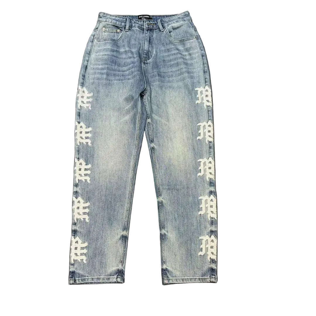 MIXED EMOTION Side Gothic Logo Baggy Jeans