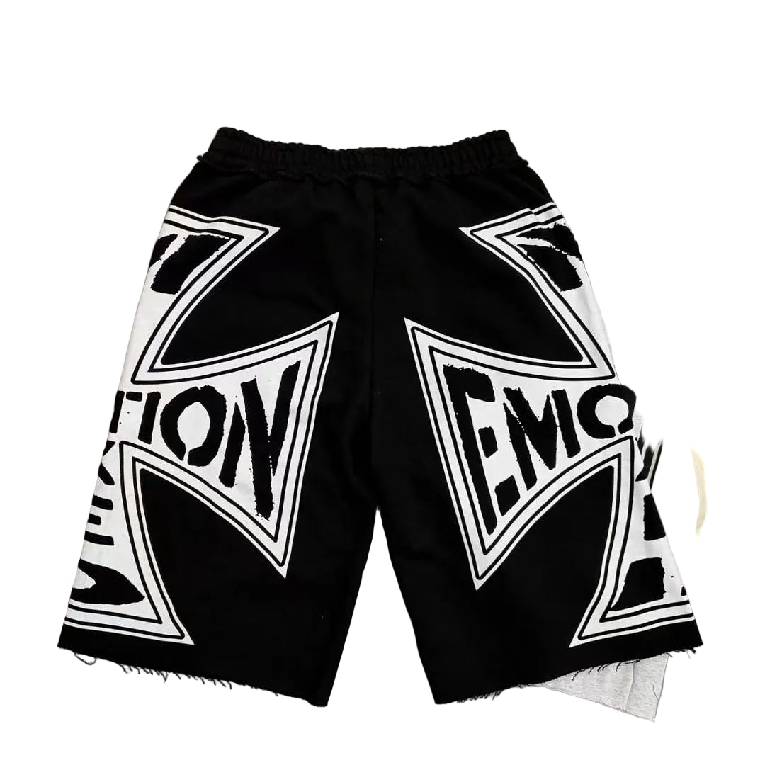 MIXED EMOTION Bold Graphic Raw‑Edge Sweat Shorts