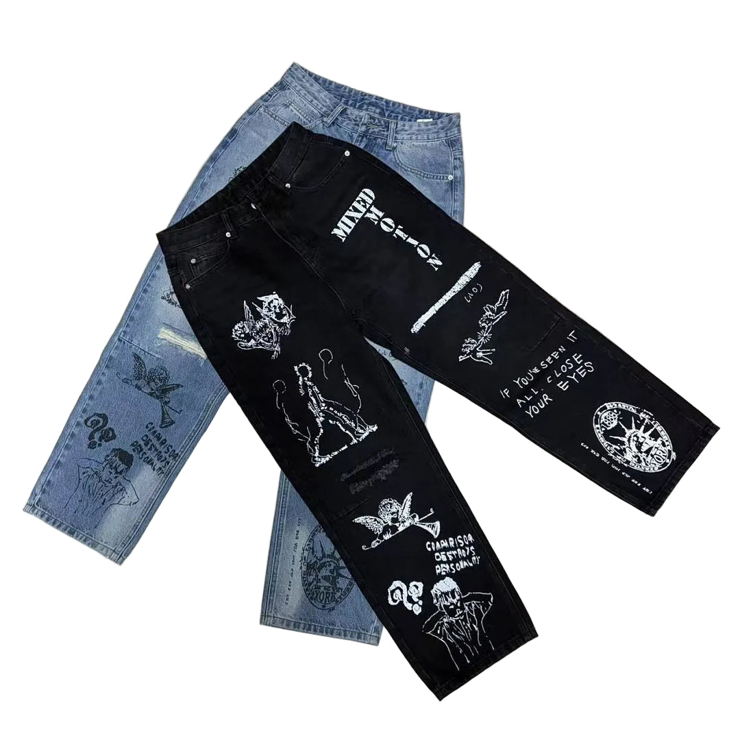 MIXED EMOTION Sketch Graphic Baggy Jeans