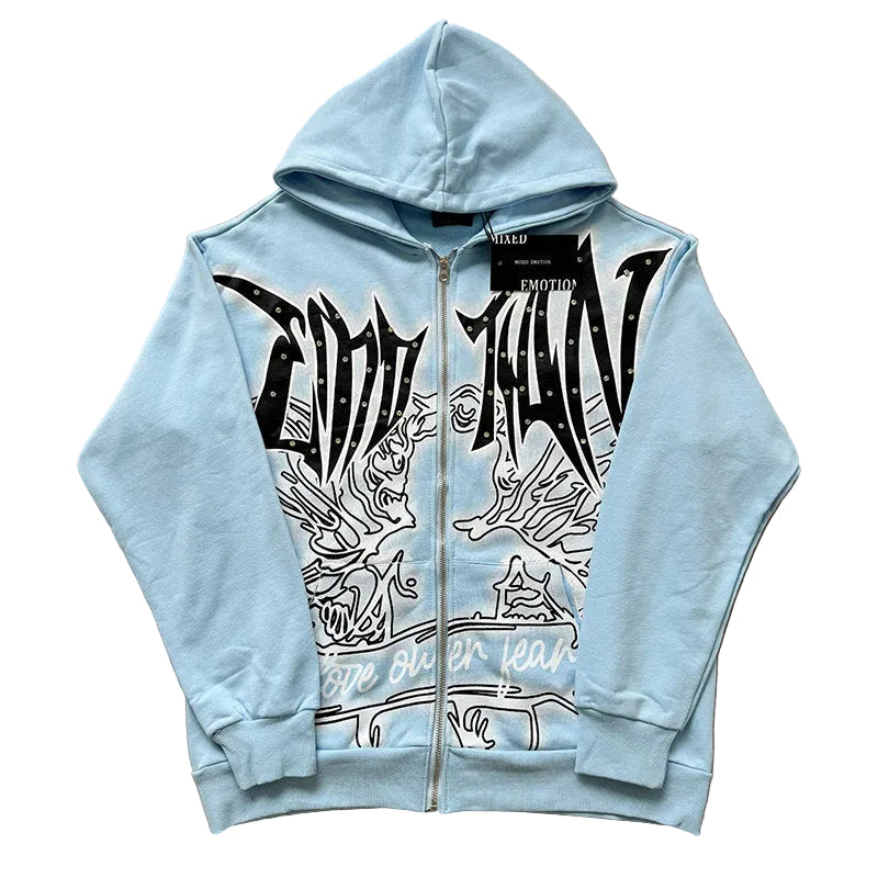 MIXED EMOTION Studded Gothic Zip‑Up Hoodie