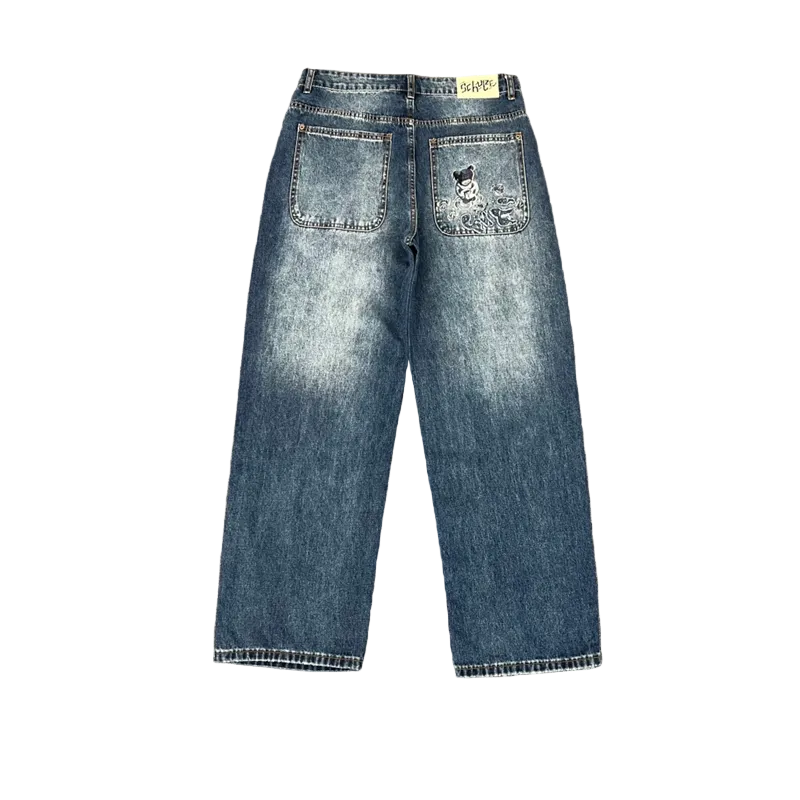 Derschutze Cartoon Embroidery Baggy Jeans