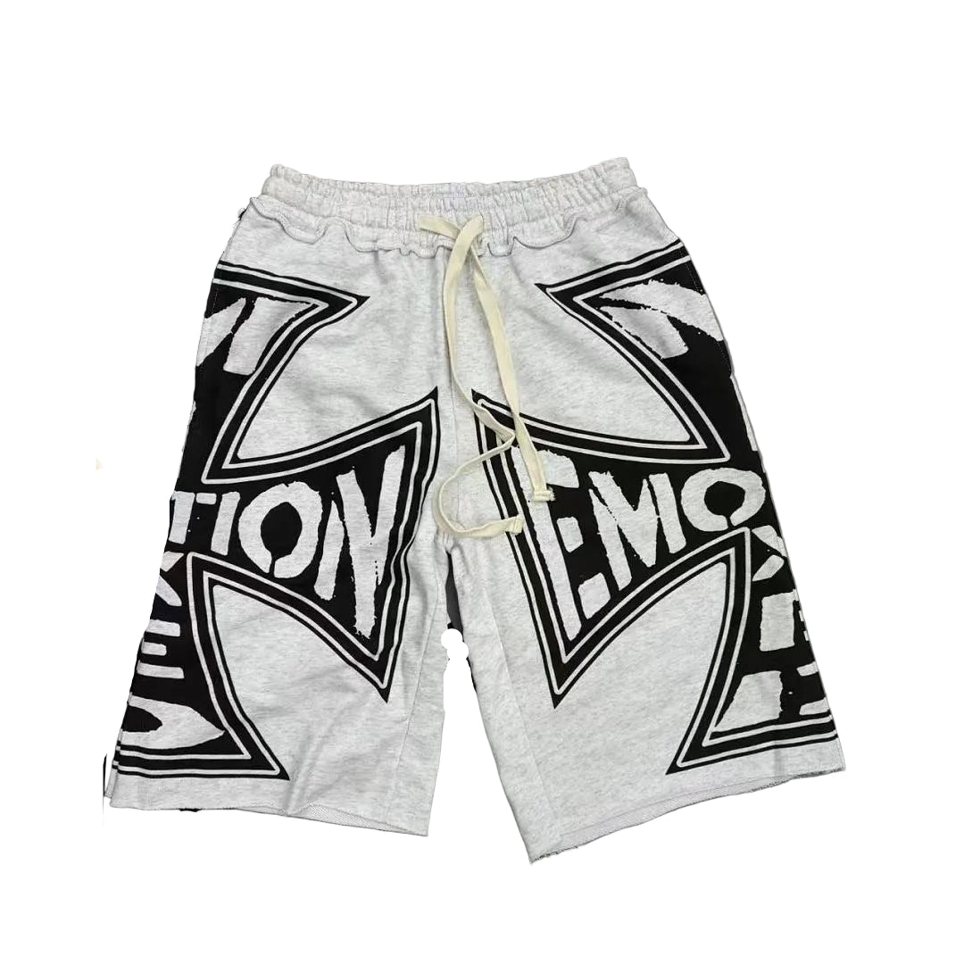 MIXED EMOTION Bold Graphic Raw‑Edge Sweat Shorts