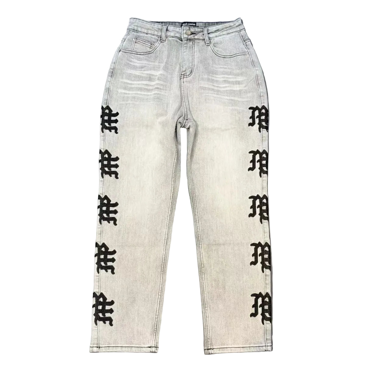 MIXED EMOTION Side Gothic Logo Straight‑Leg Jeans