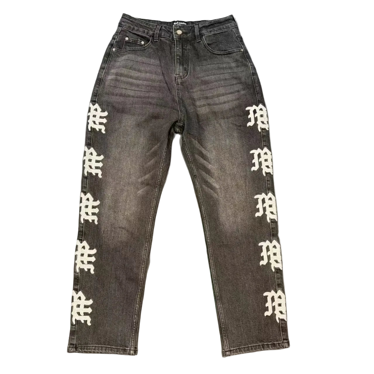 MIXED EMOTION Side Gothic Logo Straight‑Leg Jeans