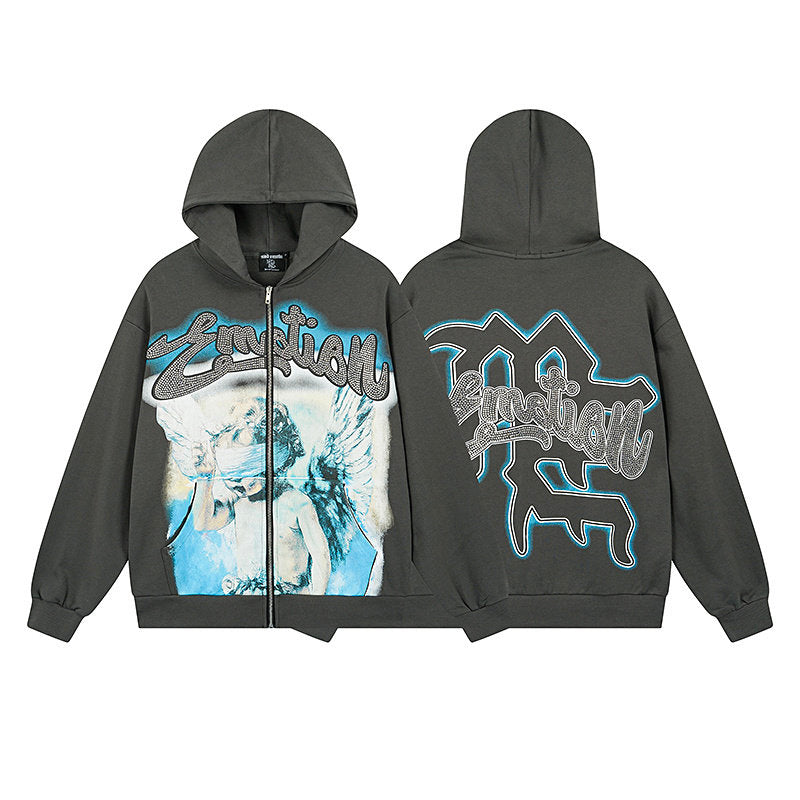 MIXED EMOTION Angel Rhinestone Zip‑Up Hoodie