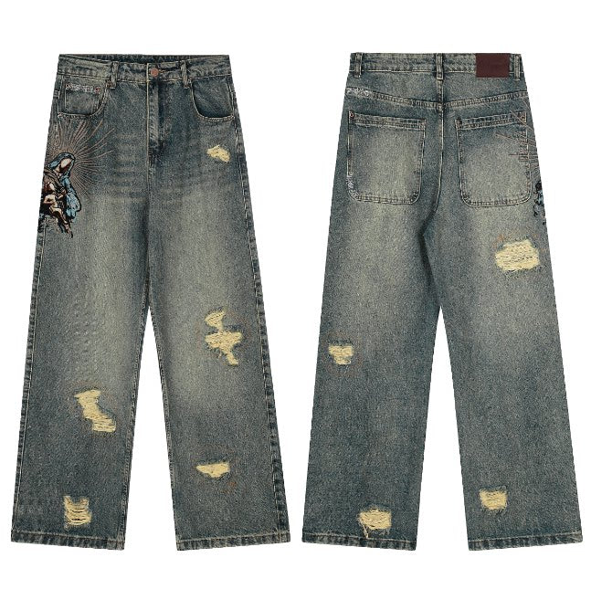 Derschutze Distressed Graphic Baggy Jeans