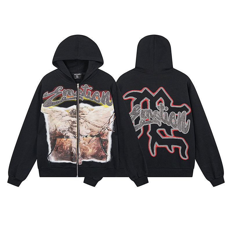 MIXED EMOTION Angel Rhinestone Zip‑Up Hoodie