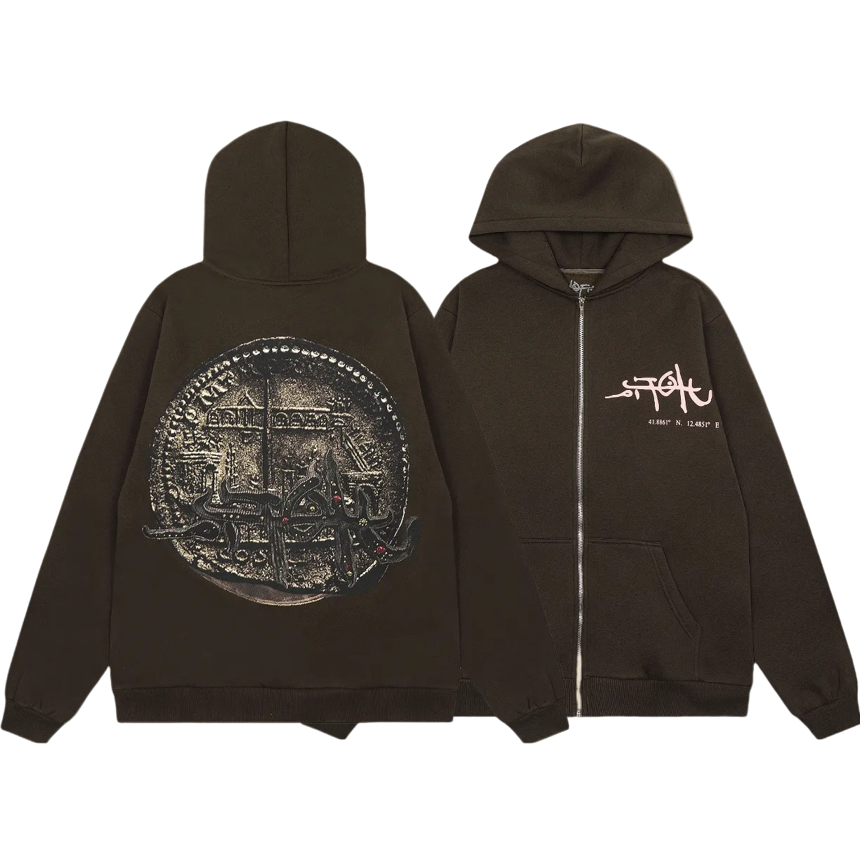 Travis Scott Coin‑Graphic Zip‑Up Hoodie