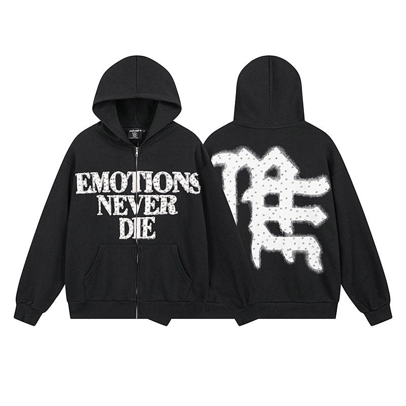 MIXED EMOTION Rhinestone Letter Zip‑Up Hoodie