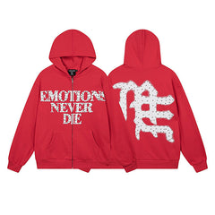 MIXED EMOTION Rhinestone Slogan Zip‑Up Hoodie