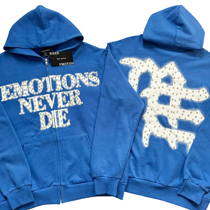 MIXED EMOTION Rhinestone Slogan Zip‑Up Hoodie