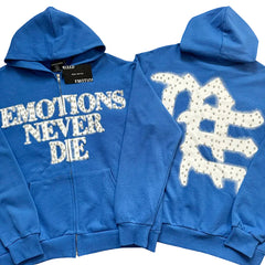 MIXED EMOTION Rhinestone Slogan Zip‑Up Hoodie