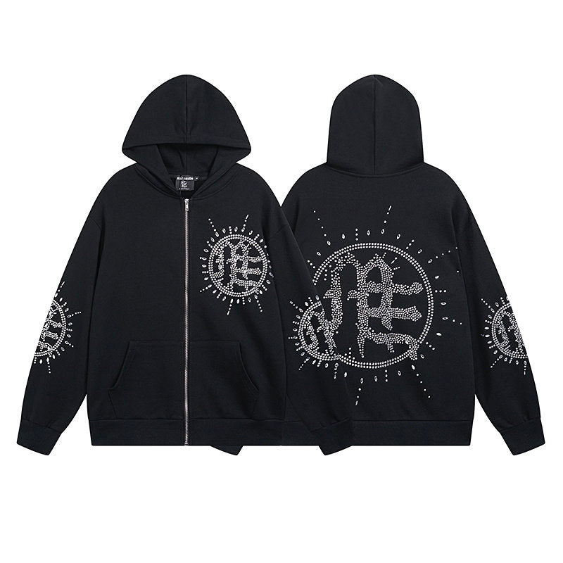 MIXED EMOTION Rhinestone Sun‑Logo Zip‑Up Hoodie