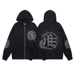 MIXED EMOTION Rhinestone Sun‑Logo Zip‑Up Hoodie